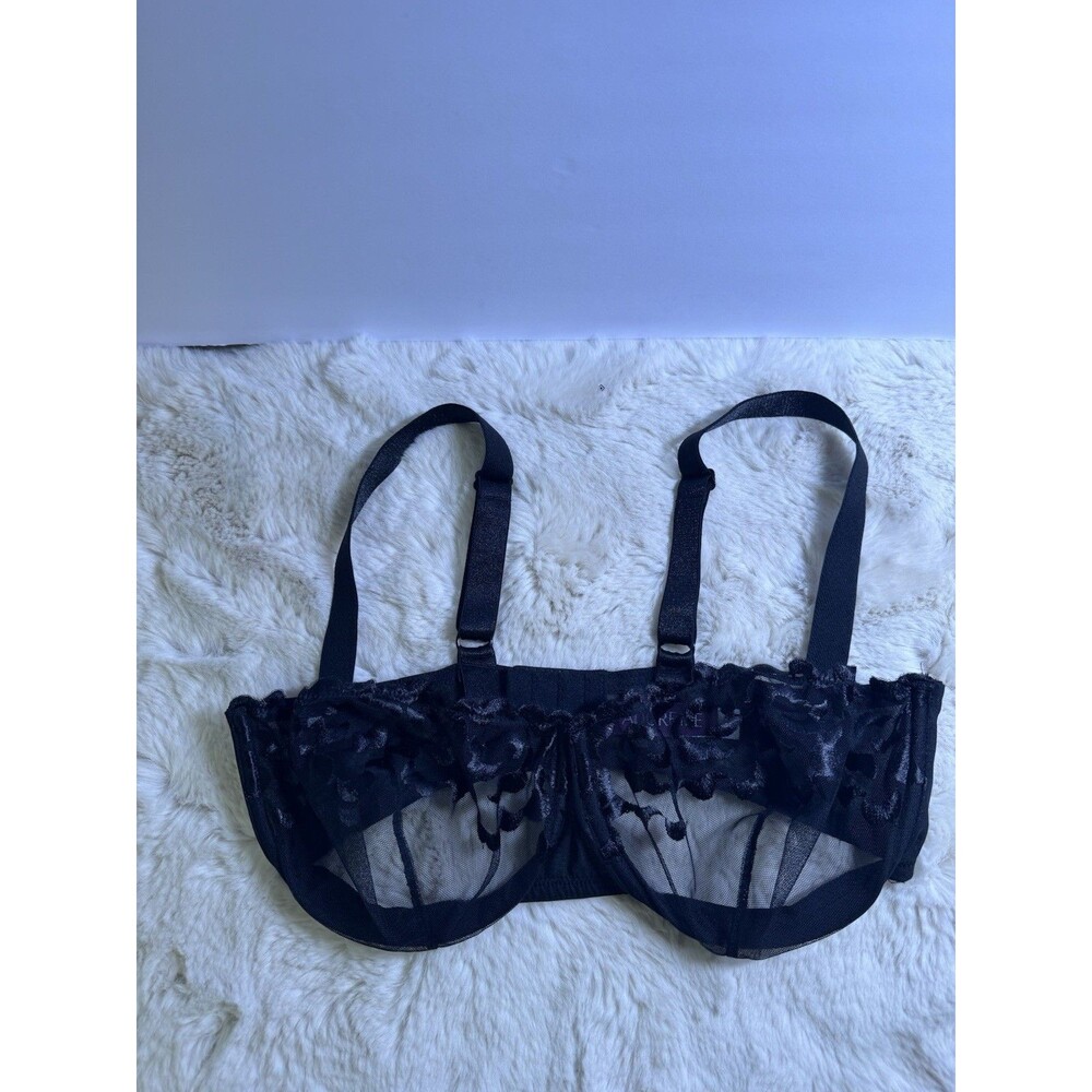 Adore Me Black Floral Lace Balconette Underwire Bra 38DD Mesh Excellent